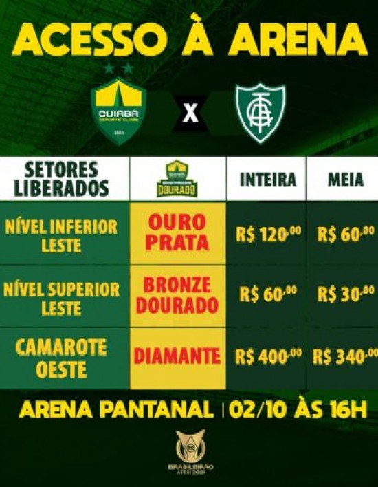 Cuiabá inicia venda de ingressos para o duelo contra o América-MG