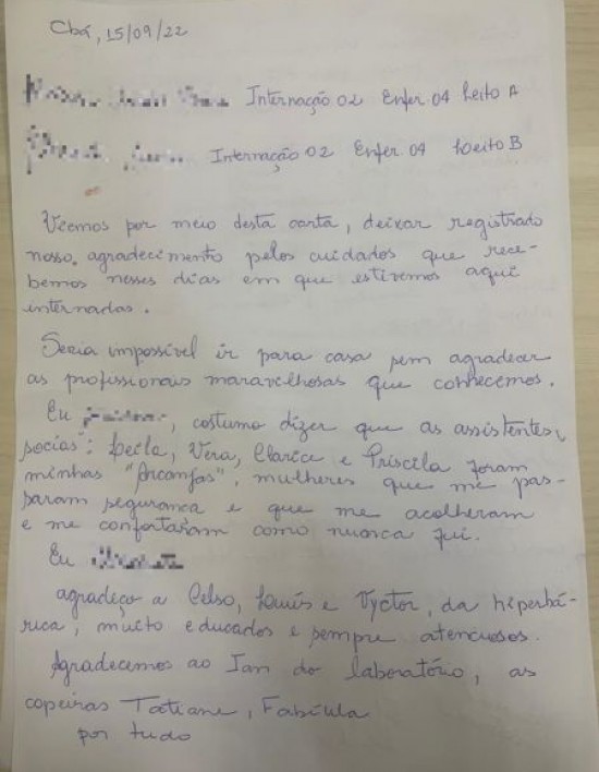 Paciente vítima de violência doméstica envia carta de agradecimento à equipe do HMC