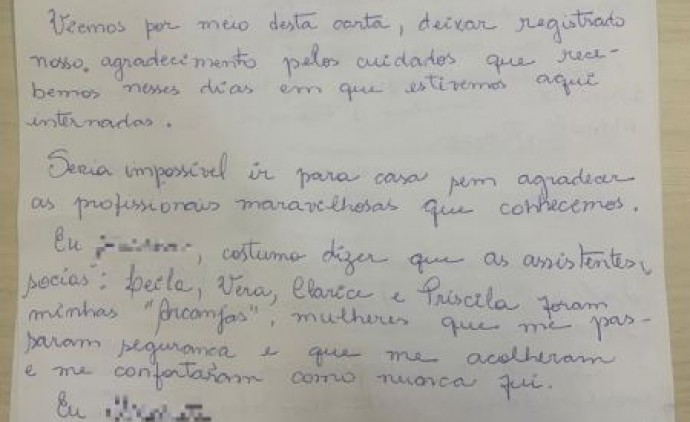 Paciente vítima de violência doméstica envia carta de agradecimento à equipe do HMC